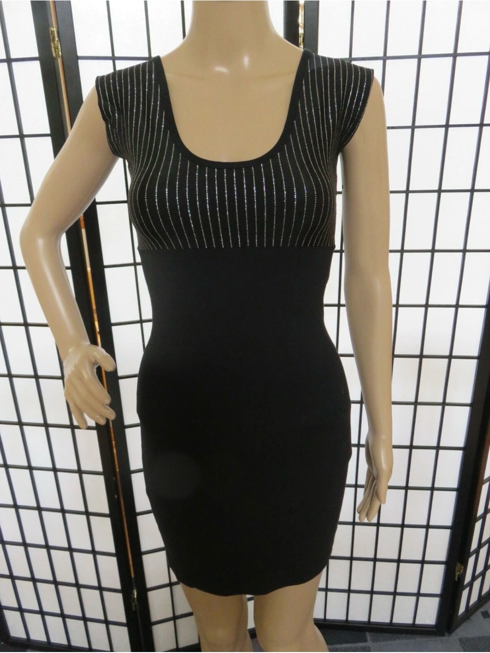 American Apparel Black Bodycon Stretch Dress w/ Silver Glitter Striped Bust, XS